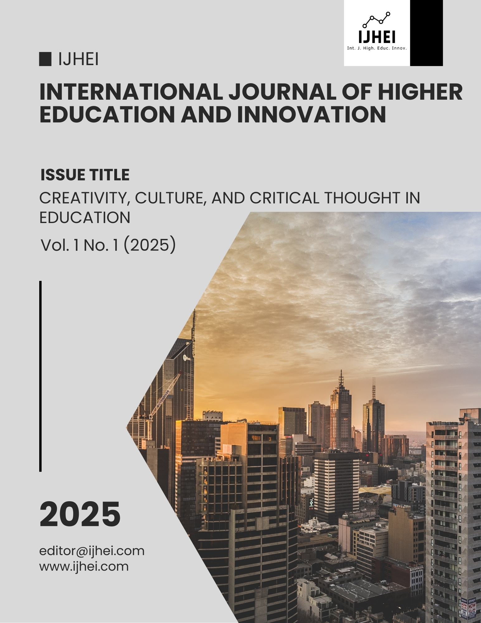 Cover image of the International Journal of Higher Education and Innovation (IJHEI) issue "Creativity, Culture, and Critical Thought in Education," featuring symbolic elements like books, abstract art, diverse human figures, and vibrant colors representing creativity, culture, and critical thinking in education.